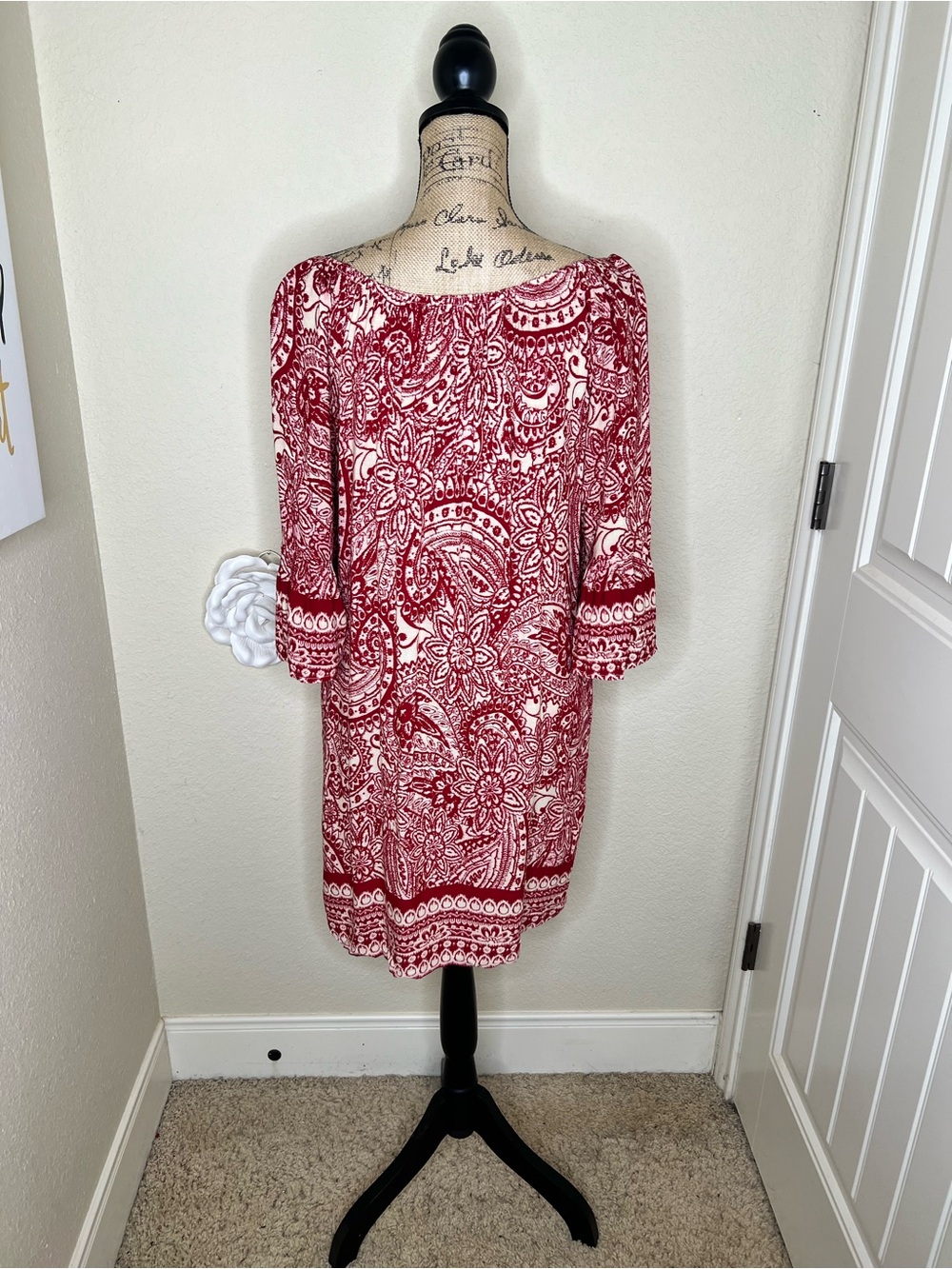 NTM: Umgee Red White Paisley Boho Shift Dress Bell Sleeve Knee Length Medium - Picture 11 of 15